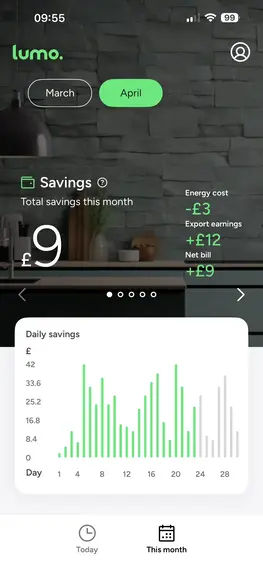 Lumo Energy app savings month screen